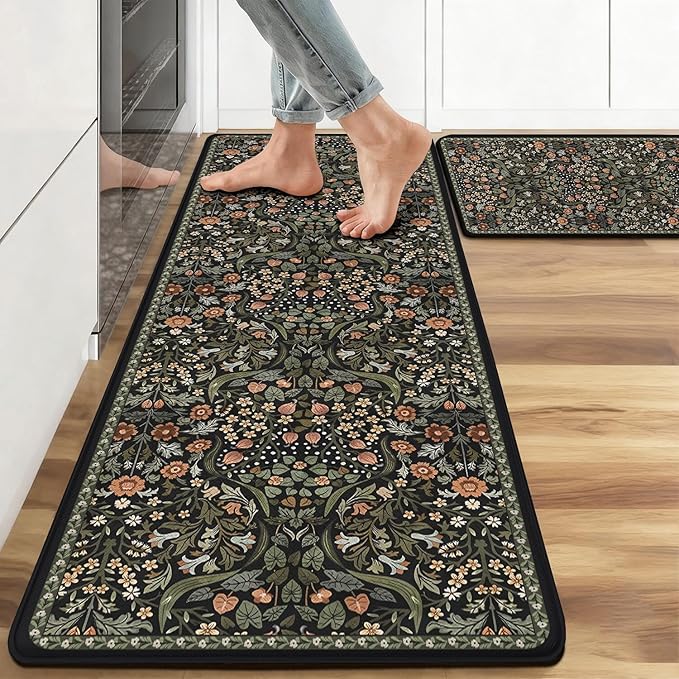 Anti Fatigue Kitchen Rugs Set of 2, Farmhouse Kitchen Mats for Floor, Rustic Kitchen Decor, Anti-Slip and Anti-Fatigue Foam Standing Mat,17x30 inch Sink Mat+17x48 inch Runner Rug Black