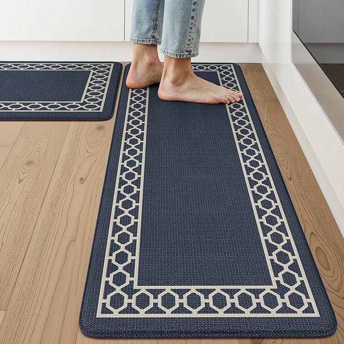 LEEVAN Kitchen Mats for Floor Set of 2,Anti Fatigue Mats for Kitchen Floor,Navy Blue Cushioned Non Slip Boho Standing Mat,Waterproof Memory Foam Comfort Kitchen Floor Mat for Sink(17"x29"+17"x47")