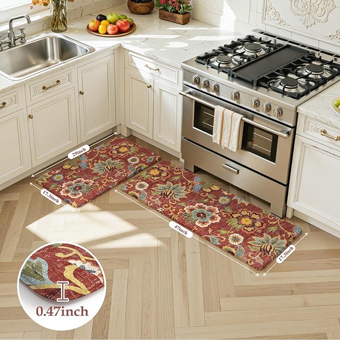 LEEVAN Anti Fatigue Mats for Kitchen Floor 2 Piece,Cushioned Memory Foam Red Kitchen Mats for Floor,Comfort Floral Boho Non Slip Kitchen Floor Mat for Sink,Laundry,Office(17''x29''+17''x47'')