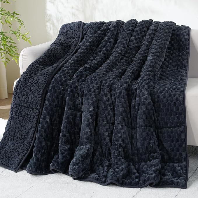 Drewin Weighted Blanket Queen Size 20lbs, Soft Cozy Jacquard Sherpa Weighted Blanket for Adults, 60 x 80 inches Bed Blanket for Sleeping, Cozy Fluffy Knitted Heavy Blanket, Grey Blue