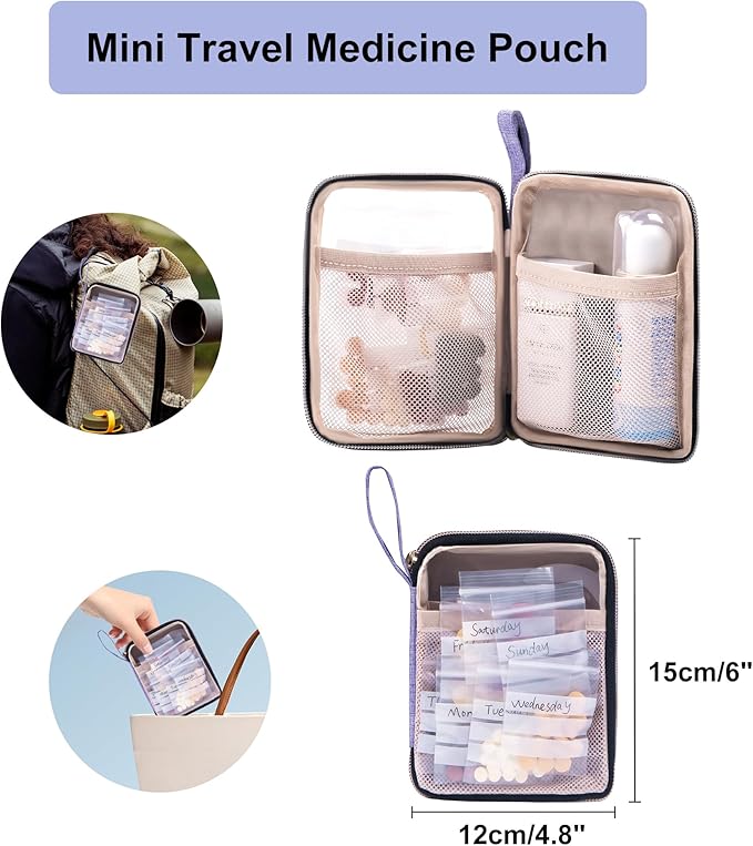Medicine Storage Bag Pill Bottle Organizer with Portable Small Pouch Travel Medication Bottle Organizer for Emergency Home First Aid Box Kit (Purple)