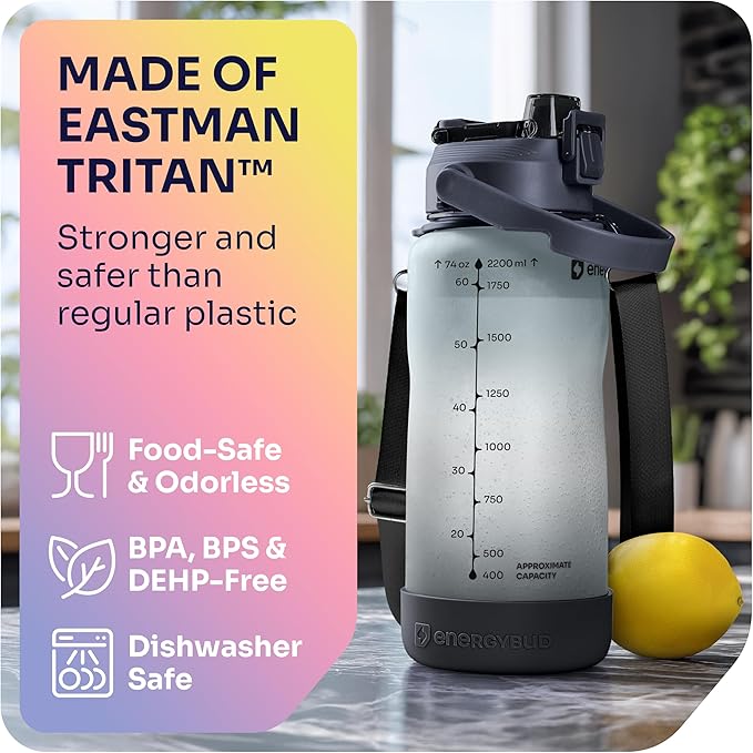 1/2 Gallon Water Bottle with 74.3 oz Capacity - Motivational Time Markers for Daily Hydration Goals - Leakproof BPA Free Tritan with Removable Straw