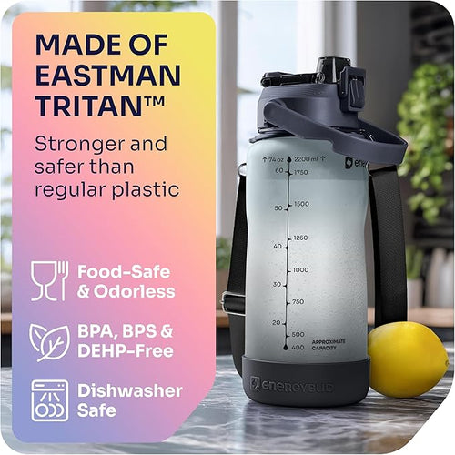 1/2 Gallon Water Bottle with 74.3 oz Capacity - Motivational Time Markers for Daily Hydration Goals - Leakproof BPA Free Tritan with Removable Straw