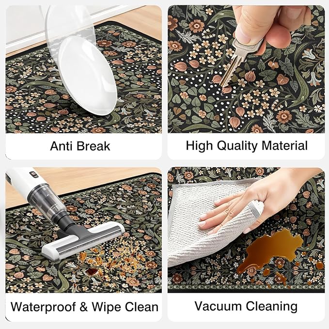 Anti Fatigue Kitchen Rugs Set of 2, Farmhouse Kitchen Mats for Floor, Rustic Kitchen Decor, Anti-Slip and Anti-Fatigue Foam Standing Mat,17x30 inch Sink Mat+17x48 inch Runner Rug Black