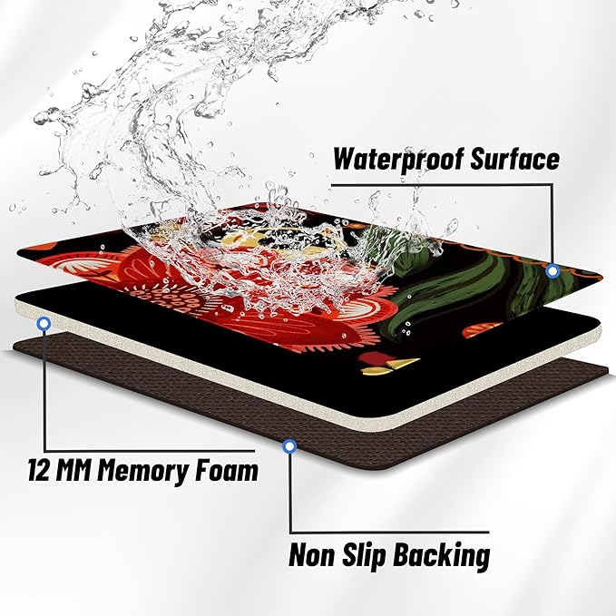 Black Boho Floral Long Kitchen Mats Rugs Sets of 2 Cushioned Anti Fatigue Floor Mat Comfort Kitchen Rugs Farmhouse Style Non Slip Waterproof Mid Century Botanical Standing Mat for Sink Laundry