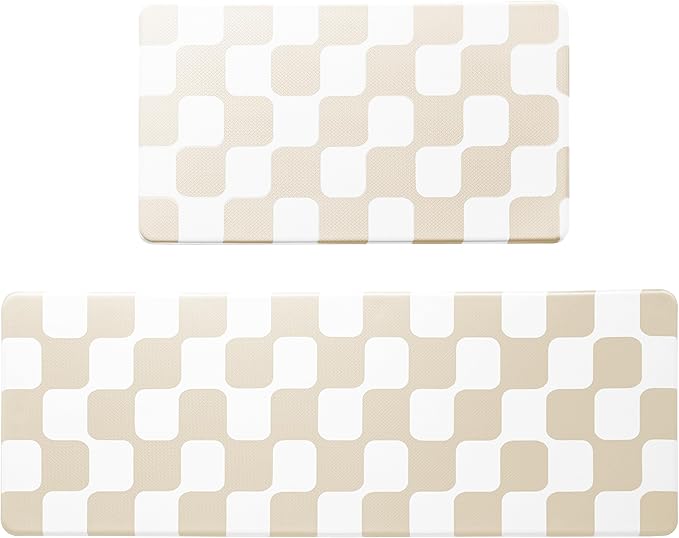 Cream Retro Curvy Checkered Grid Checkerboard Kitchen Rug Sets [2 PCs], Anti-Fatigue, Waterproof Non-Slip Kitchen Mats Heavy Duty Comfort Foam Rug for Floor, Home, Laundry,17"x29"+17"x47"