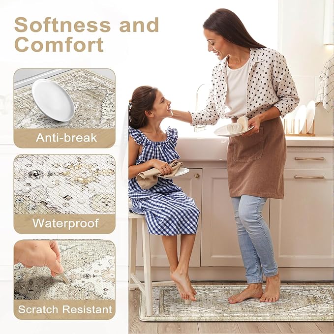 Collive Farmhouse Anti Fatigue Kitchen Mat, Cushioned Kitchen Rug Sets of 2 Waterproof Non Slip Kitchen Floor Mats Ergonomic Comfort Standing Mat for Laundry, Office, Sink, Desk, Taupe