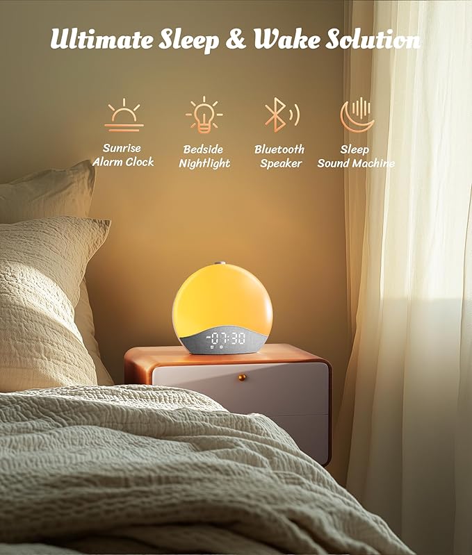 ecozy Sunrise Alarm Clock, White Noise Sound Machine, Alarm Clock for Bedrooms, 26 Soothing Sounds, 17 Night Lights, Bluetooth Speaker, Sunrise Wake-Up Light for Heavy Sleepers, Adults, Kids