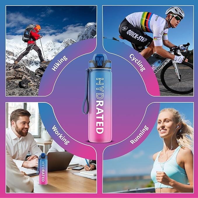 Water Bottle with Straw, 32oz Motivational Water Bottles with Time Marker to Drink, Tritan BPA Free, 1L Sports Water Bottle with Carry Strap LeakProof for Women Gym Fitness Outdoor (1 Pack)