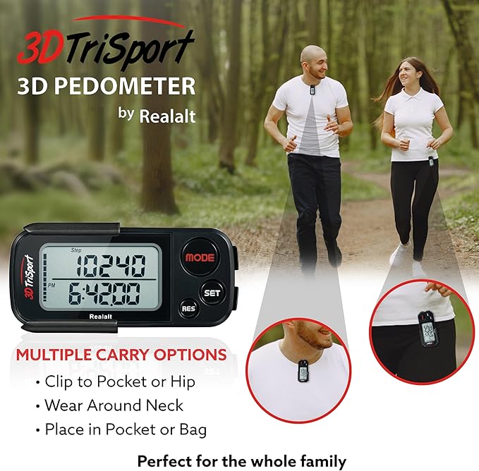 Realalt 3DTriSport 3D Walking Pedometer with Clip & Strap, Accurate Step Counter with 30-Day Memory, Distance in Miles/KM with Large Display Perfect for Seniors & Beginners, eBook Included