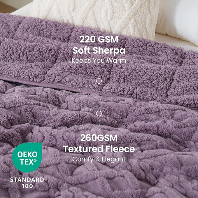 Drewin 15 lbs Weighted Blanket Queen Size, 60 x 80 inches, Dual Sided Soft Fuzzy Jacquard Sherpa Weighted Blankets for Adults, Comfortable Sofa Bed Blanket for Sleeping, Purple