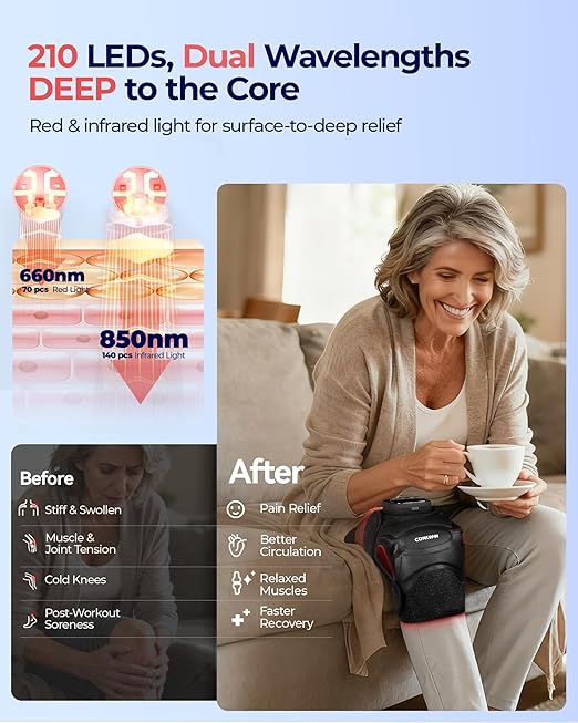 4-in-1 Cordless Knee Massager with Heat and Red Light Therapy for Knees, 6 Vibration & 4 Pulses Knee Pain Relief Device for Shoulder Elbow, Perfect for Women Men Seniors