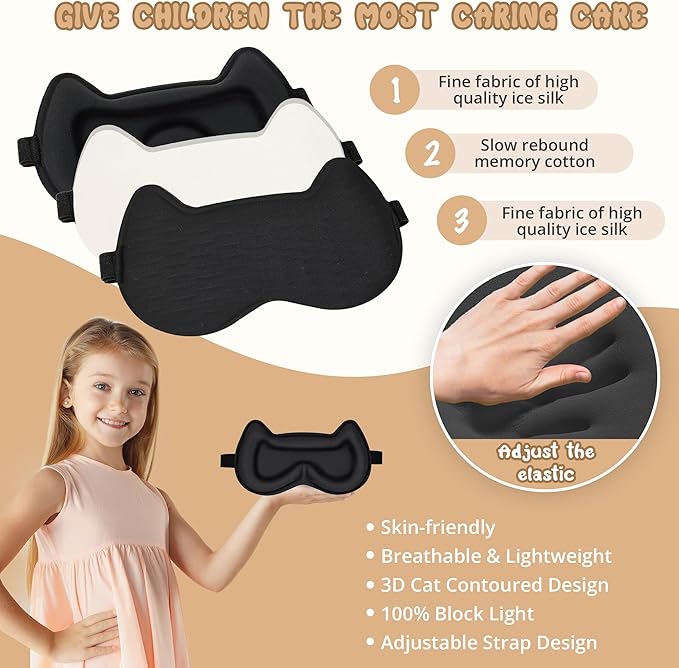 Kids Sleep Mask Eye Mask: 3D Contoured Cup Sleeping Masks, Blindfold with Adjustable Strap, Kids Eye Cover for Boys, Girls, Teens, Pressure-Free with Memory Foam Face Mask for Sleeping (Black)
