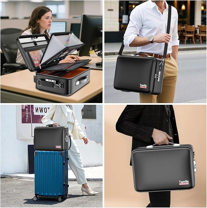 Tamfile Fireproof Document Box, Hard Case 5200°F Fireproof Water Safe File Box with Lock, 8-Layer Fireproof Safe File Organizer for Important Documents, Valuables, Laptop, Passports (Black)