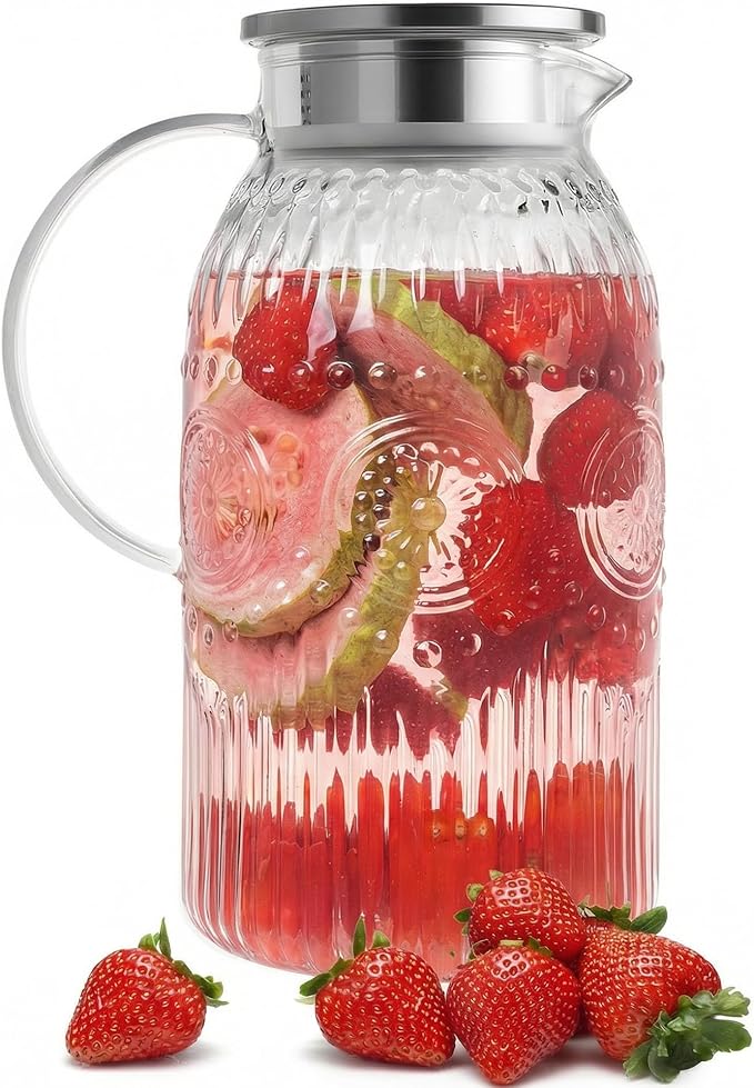 Bandesun Vintage Glass Pitcher with Lid, 101oz/ 3 Liter Water Pitcher with Handle for Fridge Heat Resistant Borosilicate Water Jug, Carafe for Hot/Cold Coffee, Tea,Beverage 1Pack