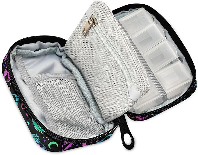 Travel Pill Organizer Bag Weekly Pill Organizer Case Bats Moons and Stars Portable Small Daily Pill Boxes for Vitamin Fish Oils Supplement Holder with Zipper Compact Size