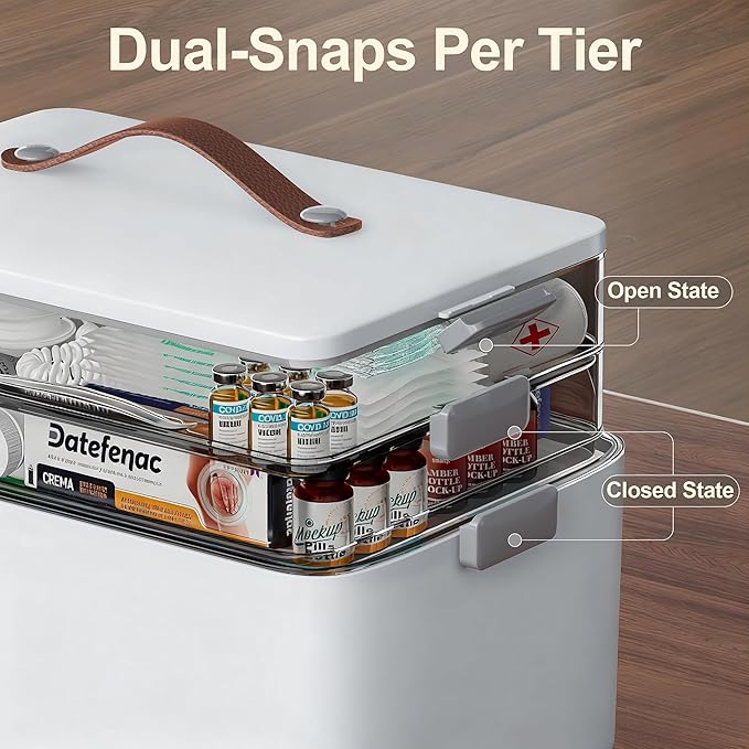 Spreezy 3-Tier Portable Medicine Organizer Box with Transparent Compartments, Home & Travel First Aid Kit, Easy-View Stackable Storage Case for Pills, Bandages & Medical Supplies