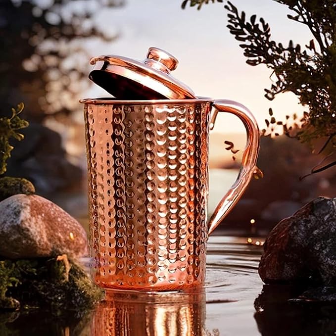 100% Pure Copper Pitcher 50.72 Oz / 1500 ml | Drinking Water Traditional Hammered Pitcher With Lid | Copper Jug Handle Water Bottle | Ayurveda Health Benefits | Serving Water in Daily Use