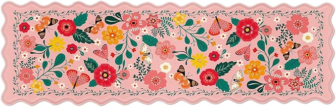 Scalloped Pink Kitchen Mats for Floor Cushioned Anti Fatigue Kitchen Mats Rugs Waterproof Non Slip Farmhouse Boho Floral Comfort Foam Standing Mat for Sink Laundry, 17.3x59