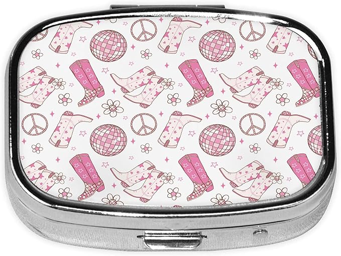 Pill Box-2 Compartment Small Pill Case Square Organizer Case with Mirror Portable Metal Medicine Box Travel Container for Pocket & Purse Women Men(Pink Western Girl)