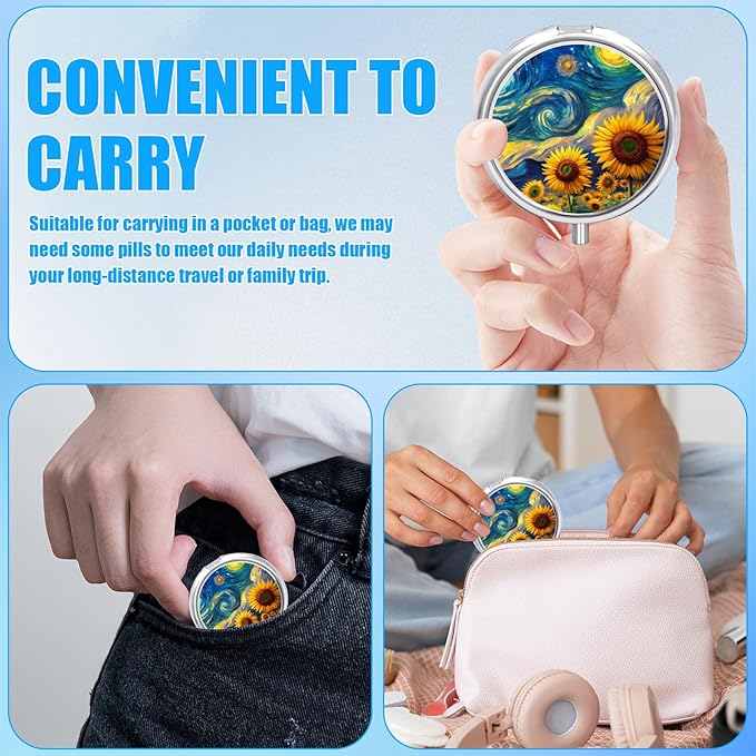 Starry Night Sunflower Pill Case, Flower Floral Pill Box 3 Compartments Metal Small Pill Holder with Mirror Mini Travel Pill Container for Purse Pocket Women Men