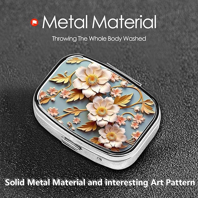 ABLESKY Pill Box, 2 Compartment Pill Organizer Case for Pocket or Purse, Small Portable Metal Travel Medicine Box with Mirror, Daily Vitamins Fish Oil Container-White Elegant Flowers Floral