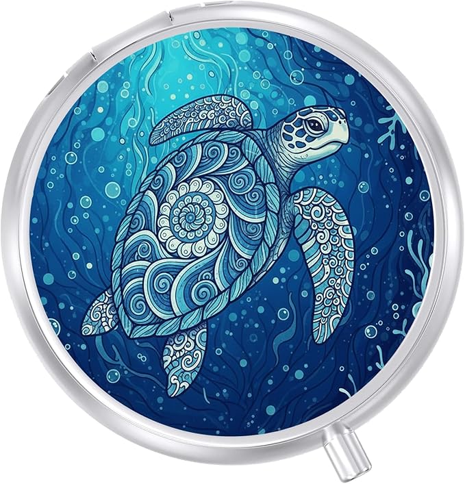 Round Pill Case Small Pill Box with Mirror Pocket 3 Compartment Vitamin Pill Medicine Case Organizer Pill Containers for Traveling Sea Turtle Wave One