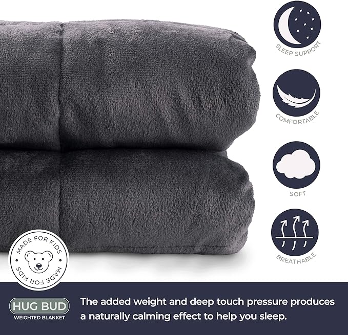 Hug Bud Weighted Blanket Comforter - 36" X 48" - 5-lbs - No Cover Required - Use as Throw or on Twin Size Bed - For Adults+Kids- Silky Minky Grey - Premium Glass Beads - Stimulation Sensory Relaxation