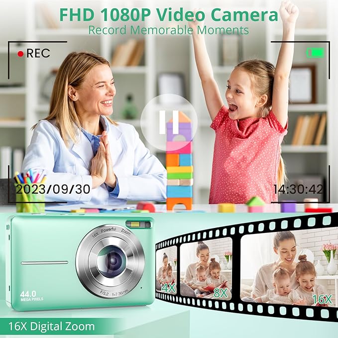 Digital Camera 1080P 44MP Digital Cameras, Point and Shoot Camera for Kids with 16X Zoom, Anti-Shake, Compact Small Travel Camera for Beginner Children Boys Girls Teens Gift