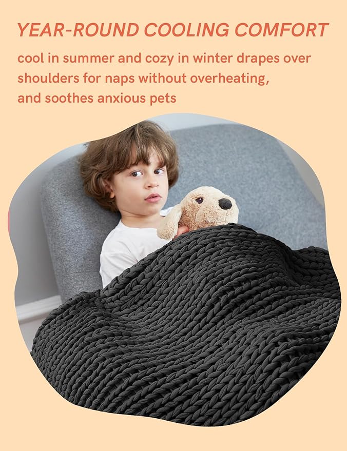 YnM Cooling Weighted Blanket, 100% Cotton Handmade Chunky Knitted Blanket, Weighted Lap, Breathable Heavy Blankets, Machine Washable Throw for Sleep or Home Decor (Dark Grey, 35x40 Inch, 5lbs)
