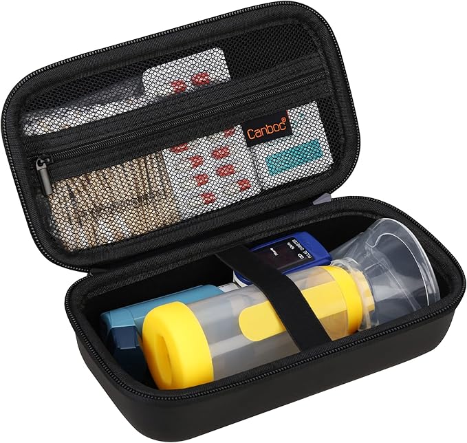 Canboc Travel Carrying Case for Asthma Inhaler, Handheld Spacer for Adults and Kids, Masks, Hard Inhaler Case with Mesh Pocket fit Medicine and Other Essentials, Black (CASE ONLY)
