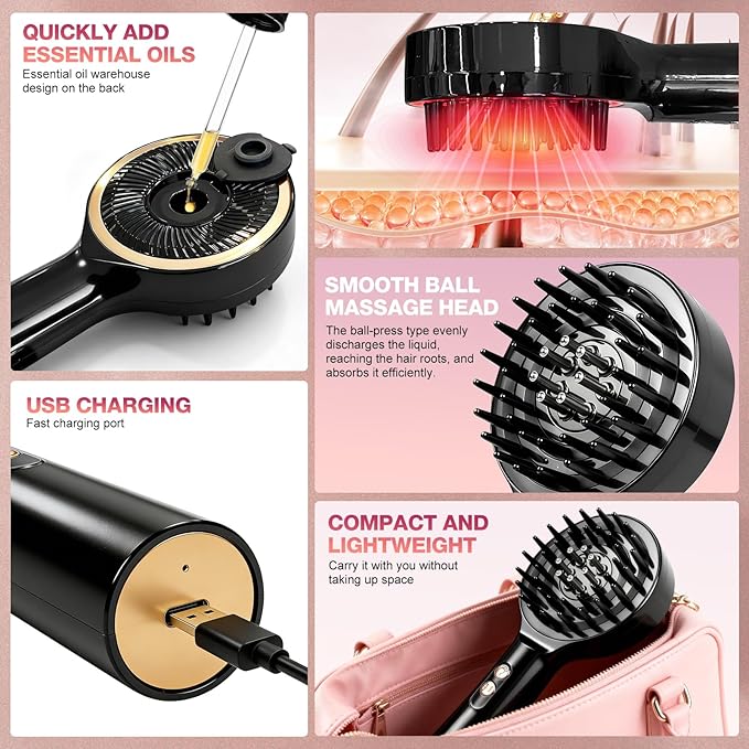 3 in 1 Scalp Massager Hair - 360° Hair Oil Applicator Electric Scalp Massager IPX7 Waterproof for Home & Travel (Black)