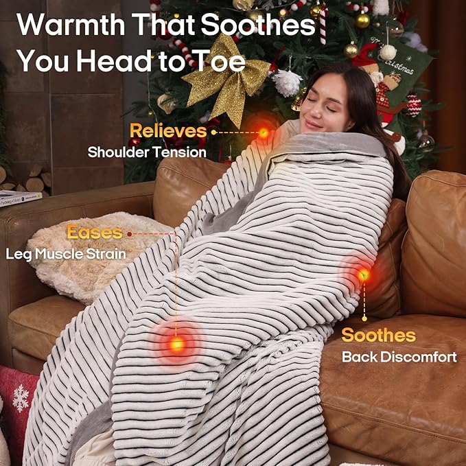 ZonLi 2-in-1 Weighted Heated Blanket for Back Pain, Heated Weighted Blankets (60”x80”,20lbs), 6 Heating Levels 1-10H Auto Off, Soft Ribbed Flannel Washable, Queen Size Chirstmas Gift for Family
