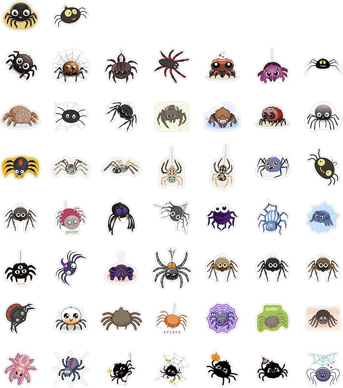 BulbaCraft 100Pcs Spider Stickers for Water Bottle and Laptop - Spider Party Supplies & Decorations, Waterproof Vinyl Decals, Cute and Creepy Stickers, Gifts for Women & Men