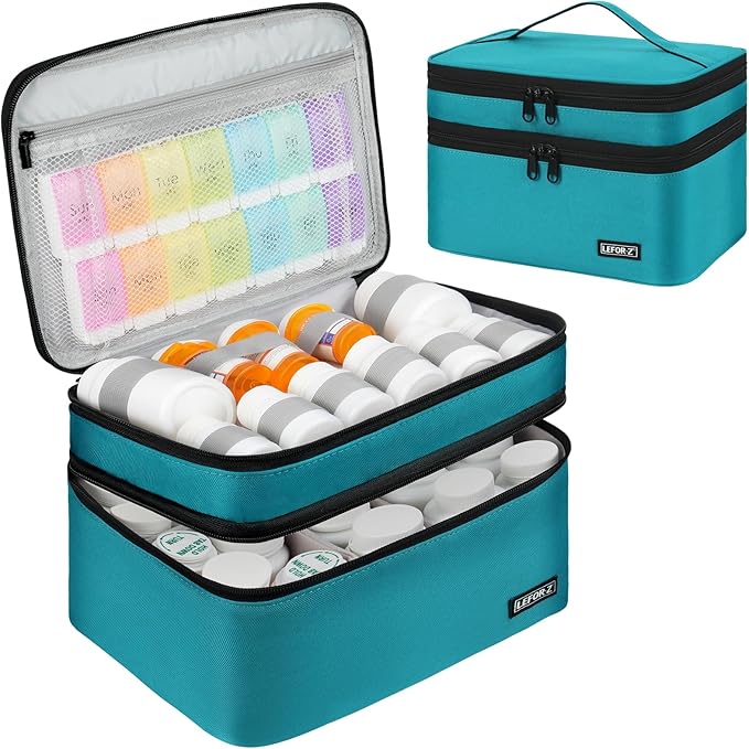 Medicine Storage Bag,Double Layers Pill Bottle Organizer Bag Empty with Lockable Zipper&Adjustable Divider,Medication Travel Carrying Bag for Pills,Vitamins,Medical Supplies,Teal Color