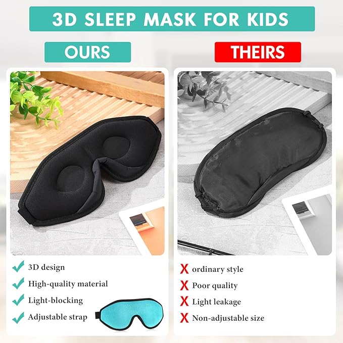 Coume Sleep Mask for Kids 3D Light Block Sleeping Blindfold Memory Foam Contoured Eye Mask with Adjustable Strap Zero Pressure Eye Cover for Boys Girls for Travel Home Office Meditation(Green)