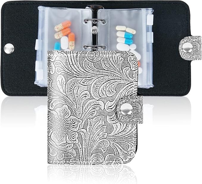 Hennaja Pill Organizer,Pill Pouches Clear Plastic Pill Bags Self Sealing Travel Medicine Organizer Storage(1-Carving Silver)