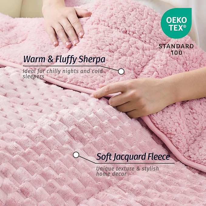 Wemore Fleece Weighted Blanket for Adults (60" x 80" 20lbs, Pink), Dual Sided Cozy Soft Sherpa Heavy Blanket, 3D Imitation Turtle Shell Warm Jacquard Flannel Weighted Blankets for Couch and Bed