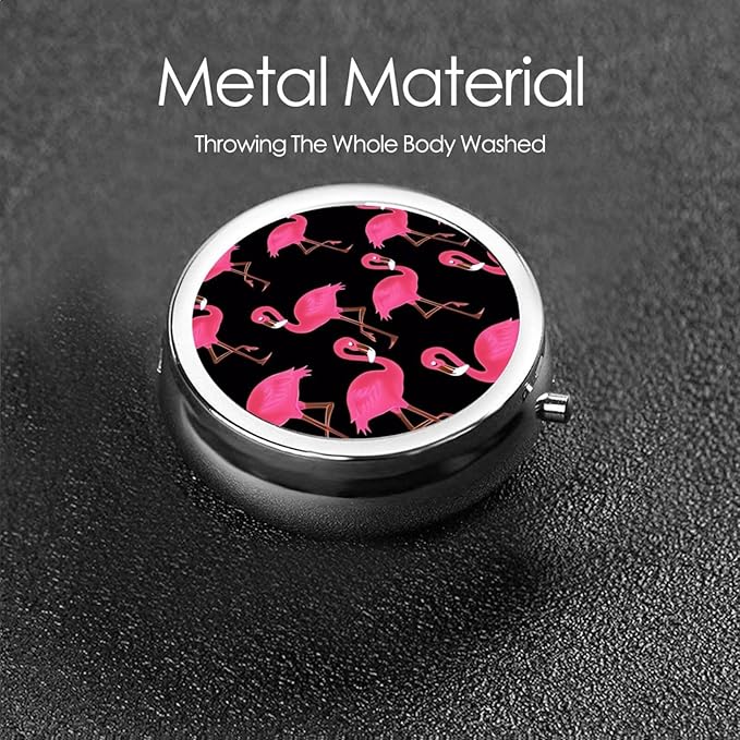 Lovely Pink Flamingos Printed Round Travel Pill Box Cute Small Metal Pocket Pill Case for Men & Women 3 Compartment Portable Pill Organizer for Purse or Pocket