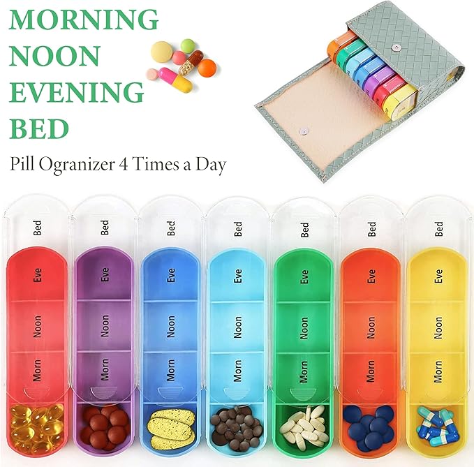 Pill Organizer,LIZIMANDU Weekly Travel Pill Case Box Medication Reminder Daily AM PM, Day Night 7 Compartments,for 4 Times A Day, 7 Days a Week-Includes Leather PU Carrying Case(1-Weave Green2)