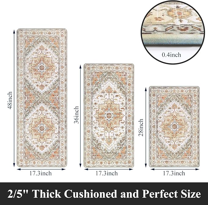 Cushioned Kitchen Rug Sets 3 Piece Anti Fatigue Kitchen Mats for Floor Non Slip Waterproof Kitchen Rugs and Mats Comfort Standing Mat Runner for Home Office,Sink,Laundry