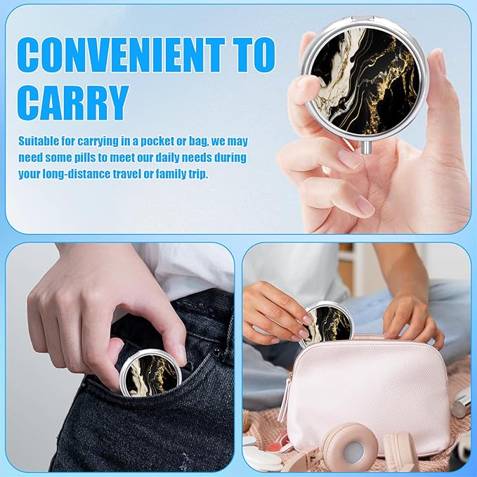 Black Gold Marble Pill Case, Pill Box 3 Compartments Metal Small Pill Holder with Mirror Mini Travel Pill Container for Purse Pocket Women Men