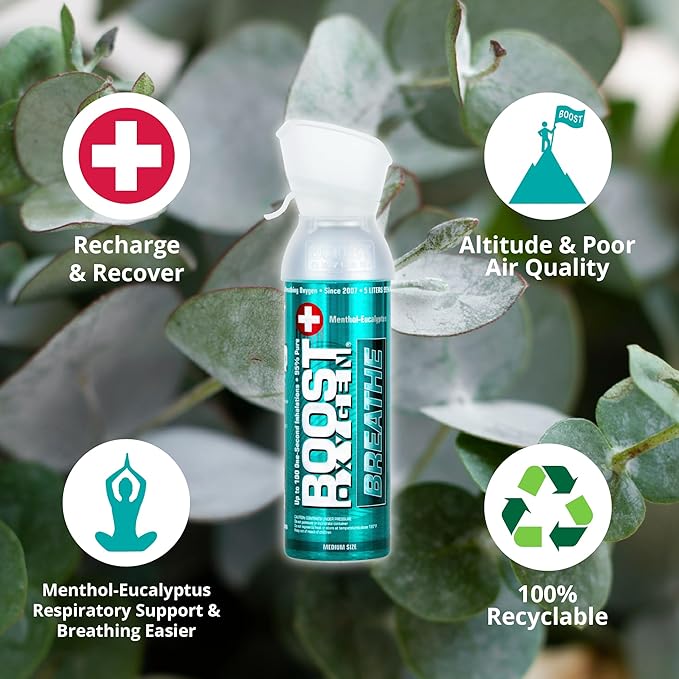 Boost Oxygen Medium Breathe Menthol-Eucalyptus Aroma 5L Canister | Respiratory Support for Altitude, Performance & Health (3 Pack)