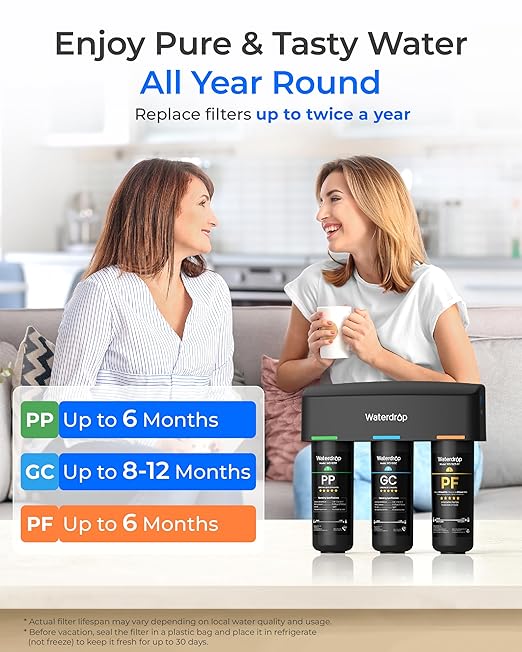 Waterdrop TSB-10-PF Under Sink Water Filter, 𝐑𝐞𝐝𝐮𝐜𝐞𝐬 𝟖𝟎+ 𝐈𝐦𝐩𝐮𝐫𝐢𝐭𝐢𝐞𝐬-PFAS, Chlorine, Chloramine, Fluoride, Taste&Odor, 9 Layer Under Sink Water Filtration System,with A Extra Faucet