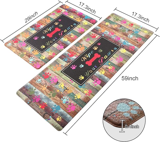 Kitchen Anti Fatigue Mat Set of 2,Waterproof Non-Skid Cushioned Kitchen Floor Mat Comfort Standing Mat for Home, Office, Sink, Laundry, Colorful Paws (Black/Green)