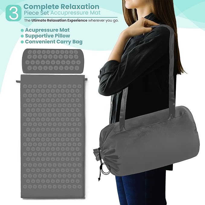 Sivan Health and Fitness Acupressure Mat and Pillow Set - Grounding Mat for Stress, Back & Neck Pain - Acupuncture Point Massage Mat for Muscle Relaxation, Sciatica, & Meditation - Includes Carry Bag