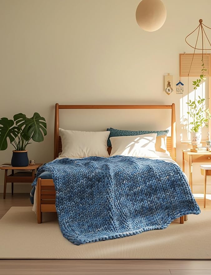 YnM Weighted Blanket, Handmade Chunky Knitted Design, Soft and Cozy, Temperature Regulating and Breathable, Machine Washable Throw for Sleep or Home Decor (Dark Blue Tie-Dyed, 80x87 Inch, 25lbs)