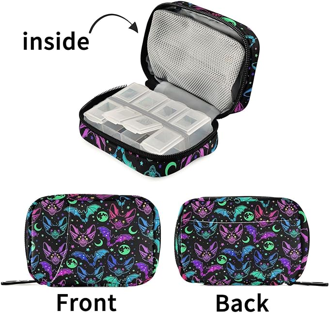 Travel Pill Organizer Bag Weekly Pill Organizer Case Bats Moons and Stars Portable Small Daily Pill Boxes for Vitamin Fish Oils Supplement Holder with Zipper Compact Size