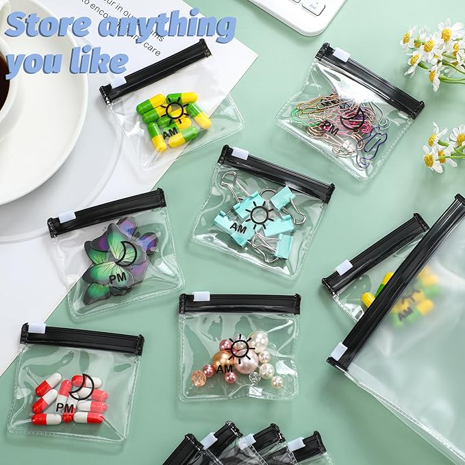Colarr 14 Pcs AM PM Pill Pouches Bags Reusable Zippered Day and Night Pill Organizer with Slide Lock for Travel Medicine Case, 1 Large 14 Small(Black)