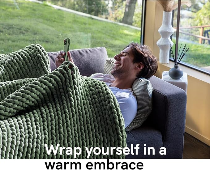 YnM Velvet Weighted Blanket, Handmade Chunky Knitted Design, Soft and Cozy, Temperature Regulating and Breathable, Machine Washable Throw for Sleep or Home Decor (Avocado Green, 80x87 Inch, 25lbs)